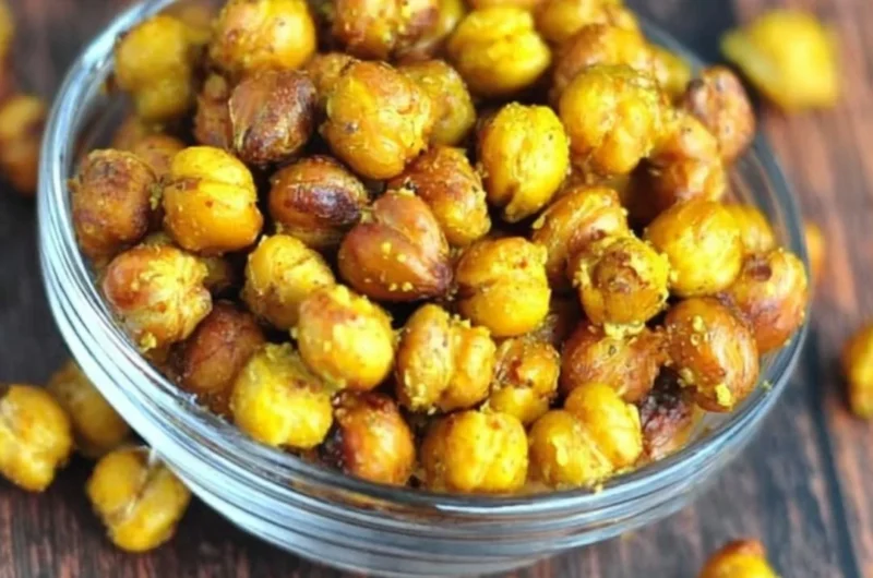 Bowl of honey mustard roasted chickpeas, a healthy snack option.