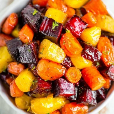 Delicious honey roasted beets and carrots on a plate