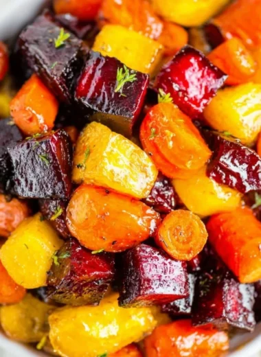 Delicious honey roasted beets and carrots on a plate