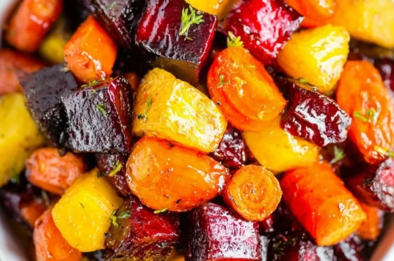 Delicious honey roasted beets and carrots on a plate