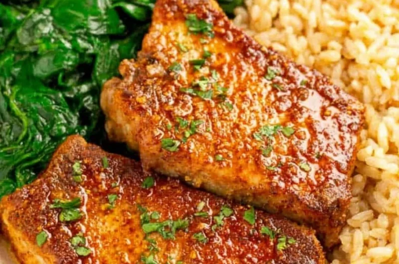 Juicy oven baked pork chops with rice, a delicious and easy recipe.