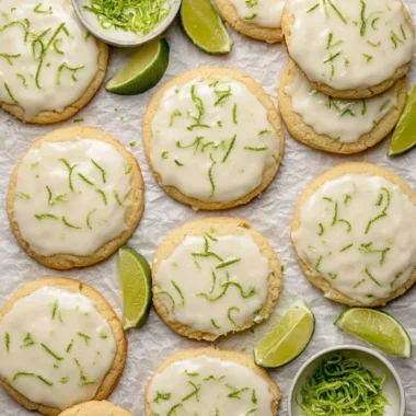 Plate of fresh baked Key Lime Cookies with citrus zest and lime slices