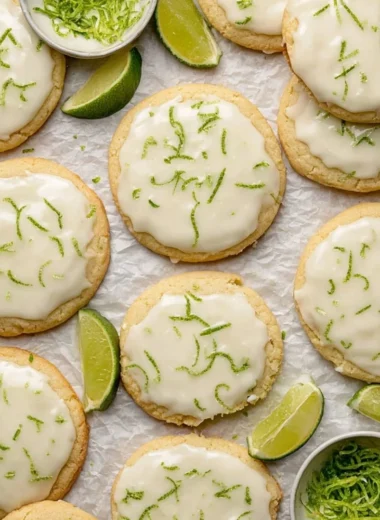 Plate of fresh baked Key Lime Cookies with citrus zest and lime slices