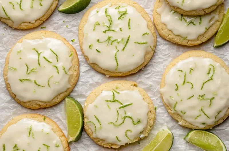 Plate of fresh baked Key Lime Cookies with citrus zest and lime slices