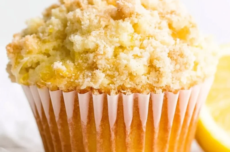 Freshly baked lemon muffins with a crunchy streusel topping
