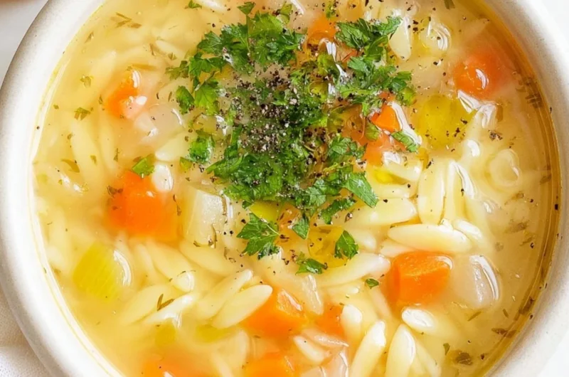 A delicious bowl of orzo soup with vegetables and herbs
