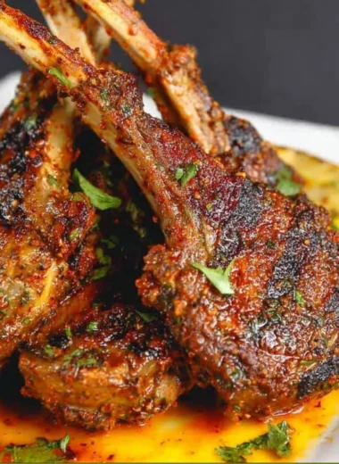 Juicy oven-baked lamb chops garnished with herbs on a serving plate.