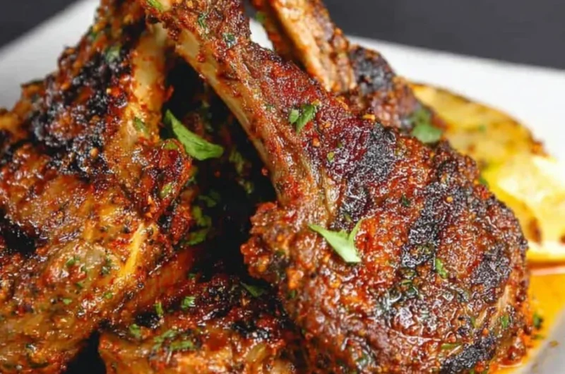 Juicy oven-baked lamb chops garnished with herbs on a serving plate.