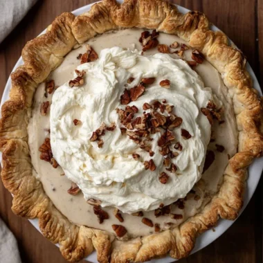Delicious homemade Pecan Cream Pie topped with whipped cream and pecans