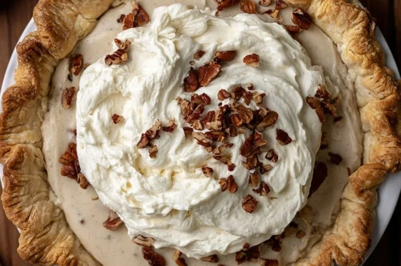 Delicious homemade Pecan Cream Pie topped with whipped cream and pecans