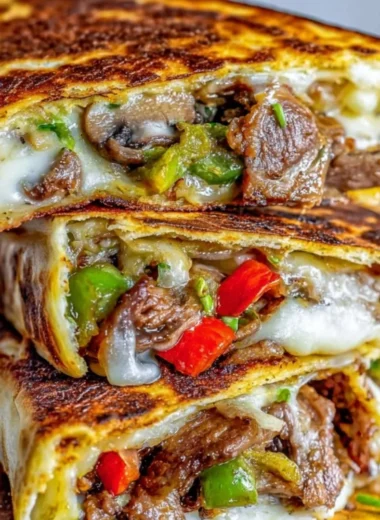 Delicious Philadelphia cheesesteak quesadilla with melted cheese and steak filling