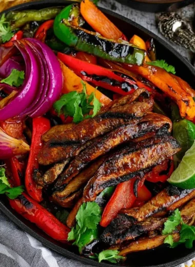 Delicious Portobello vegan fajitas served on a plate with colorful vegetables.