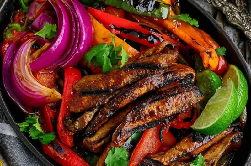 Delicious Portobello vegan fajitas served on a plate with colorful vegetables.