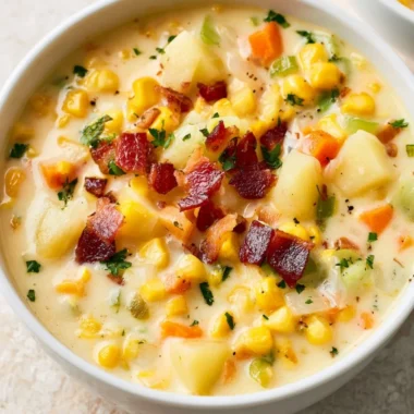 Bowl of creamy Potato Corn Chowder with fresh herbs on top