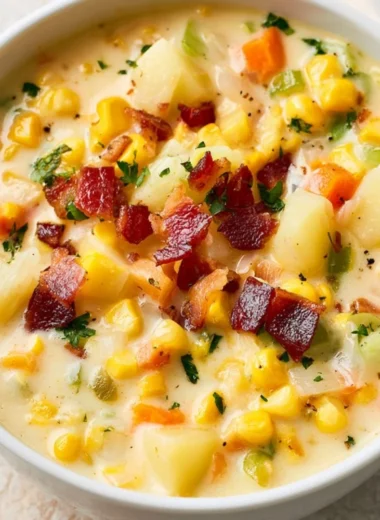 Bowl of creamy Potato Corn Chowder with fresh herbs on top