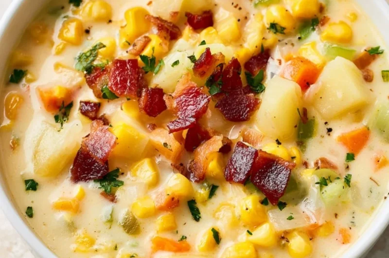 Bowl of creamy Potato Corn Chowder with fresh herbs on top