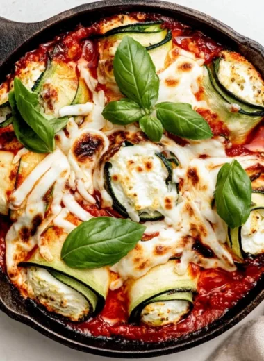 Ricotta stuffed zucchini roll-ups garnished and ready to serve