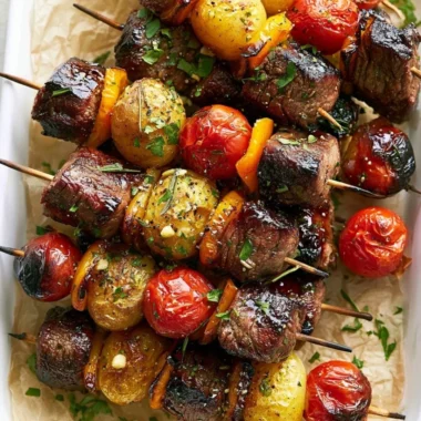 Rosemary garlic steak kebabs on a grill, showcasing juicy beef and herbs.