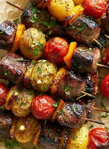 Rosemary garlic steak kebabs on a grill, showcasing juicy beef and herbs.