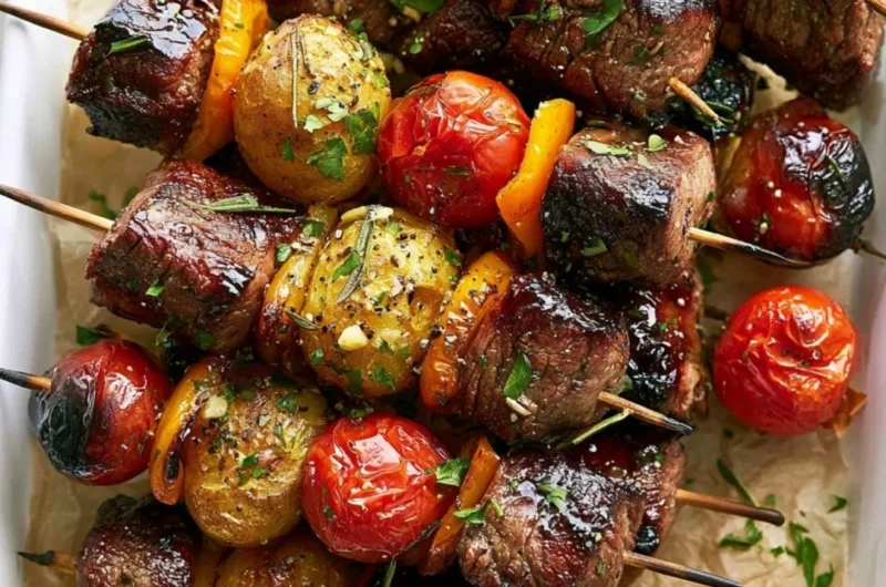 Rosemary garlic steak kebabs on a grill, showcasing juicy beef and herbs.