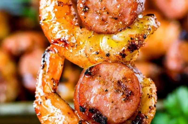 Delicious Sausage & Shrimp Kabobs on skewers, perfect for grilling.