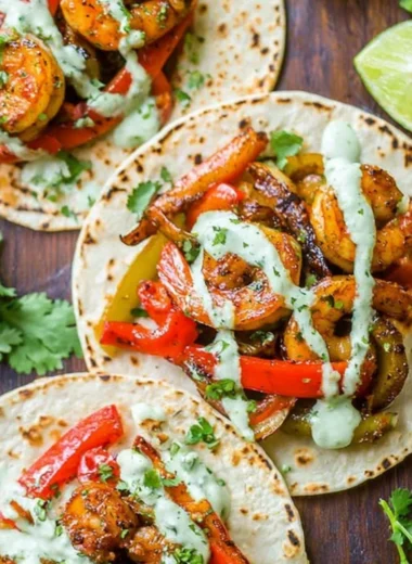 Delicious shrimp fajitas served on a plate with peppers and onions