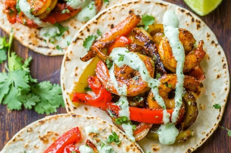 Delicious shrimp fajitas served on a plate with peppers and onions
