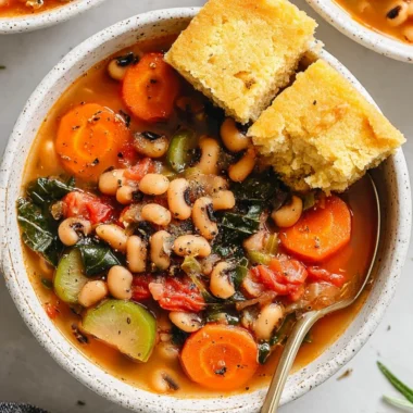 Bowl of smoky black eyed pea soup garnished with herbs