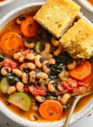 Bowl of smoky black eyed pea soup garnished with herbs