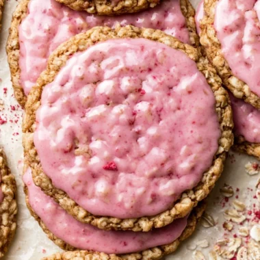 Strawberry iced oatmeal cookies on a plate, garnished with fresh strawberries.