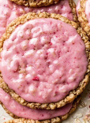 Strawberry iced oatmeal cookies on a plate, garnished with fresh strawberries.