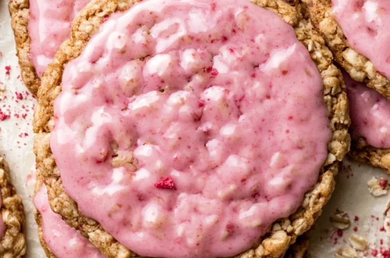 Strawberry iced oatmeal cookies on a plate, garnished with fresh strawberries.