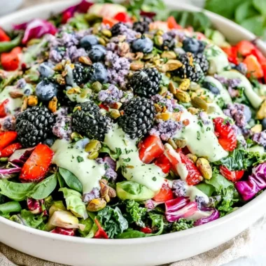 Superfood berry salad with creamy lemon herb dressing on a white plate