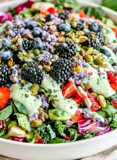 Superfood berry salad with creamy lemon herb dressing on a white plate