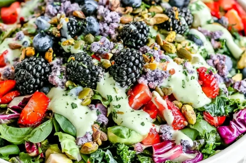 Superfood berry salad with creamy lemon herb dressing on a white plate