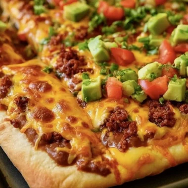 Delicious Taco Pizza with toppings such as ground beef, cheese, and fresh vegetables