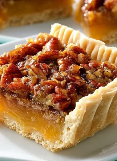 Slice of delicious Texas Pecan Pie with pecans on top