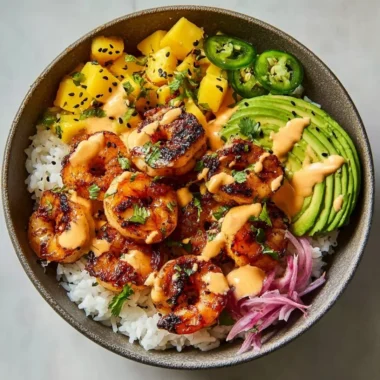 Delicious charred shrimp bowl with grilled shrimp and fresh avocado