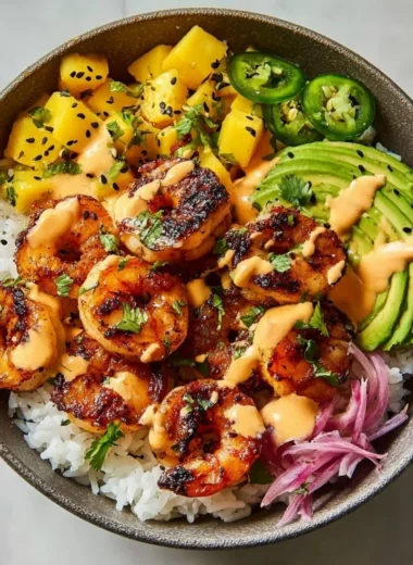 Delicious charred shrimp bowl with grilled shrimp and fresh avocado