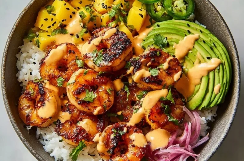 Delicious charred shrimp bowl with grilled shrimp and fresh avocado