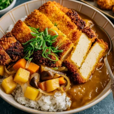 Crispy tofu cutlet served with fresh vegetables on a plate