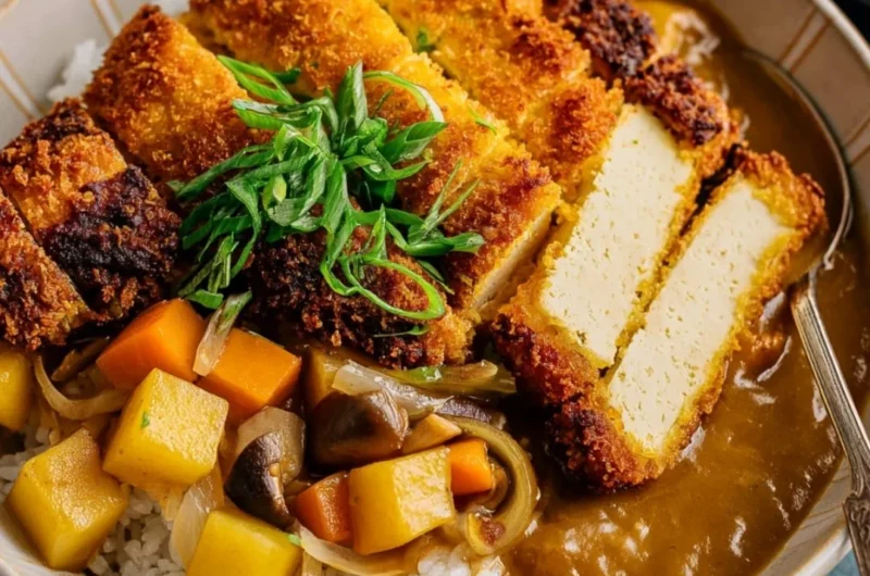 Crispy tofu cutlet served with fresh vegetables on a plate