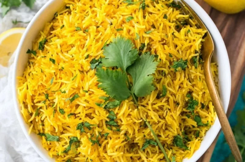 Bowl of vibrant turmeric rice garnished with herbs and spices