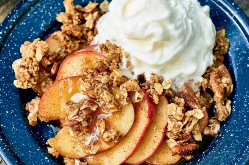 Vegan Campfire Apple Crisp dessert served outdoors
