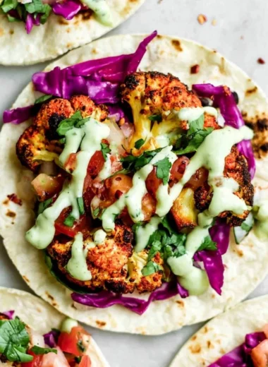 Vegan roasted cauliflower tacos topped with fresh cilantro and lime.
