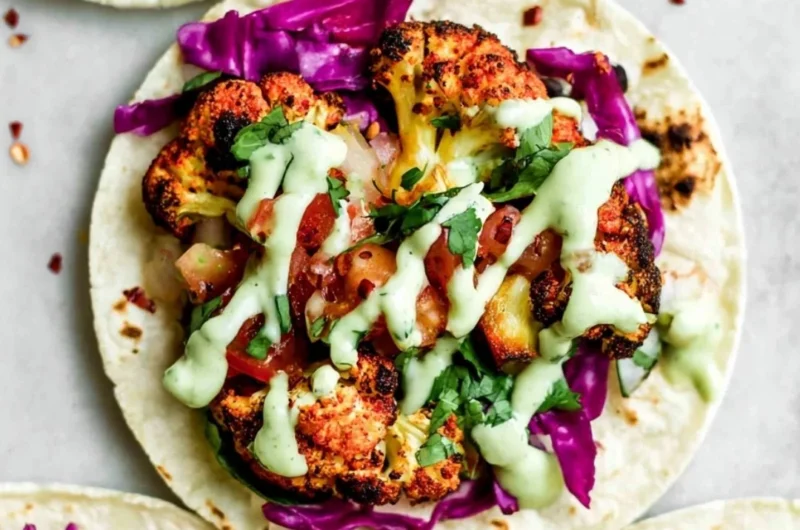 Vegan roasted cauliflower tacos topped with fresh cilantro and lime.
