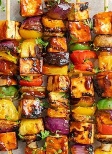 Colorful vegetarian kebabs grilled with vegetables and spices