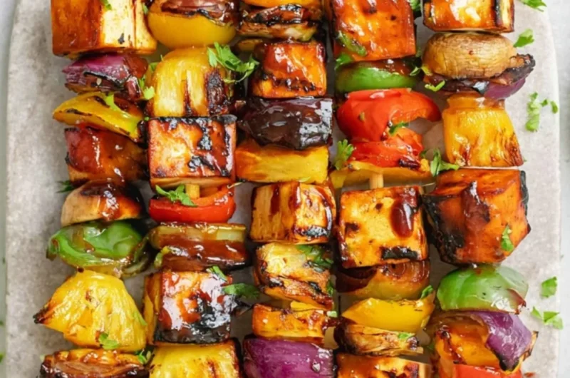Colorful vegetarian kebabs grilled with vegetables and spices
