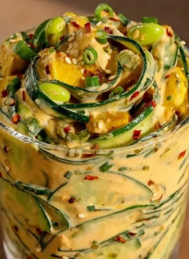 Creamy Asian cucumber salad served in a bowl, garnished with sesame seeds.