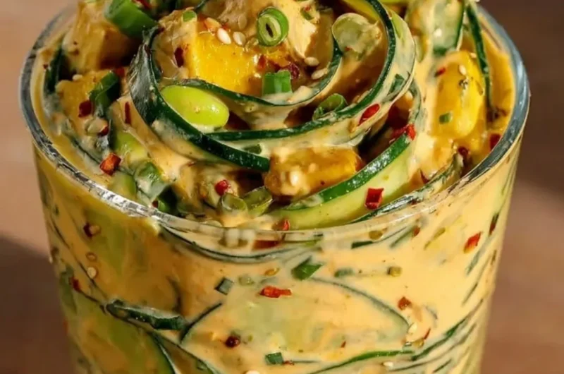 Creamy Asian cucumber salad served in a bowl, garnished with sesame seeds.